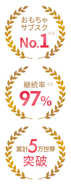 おもちゃサブスクNo.1No.1※1　ママパパ継続率※2 97％　ママパパから選ばれて累計5万世帯突破