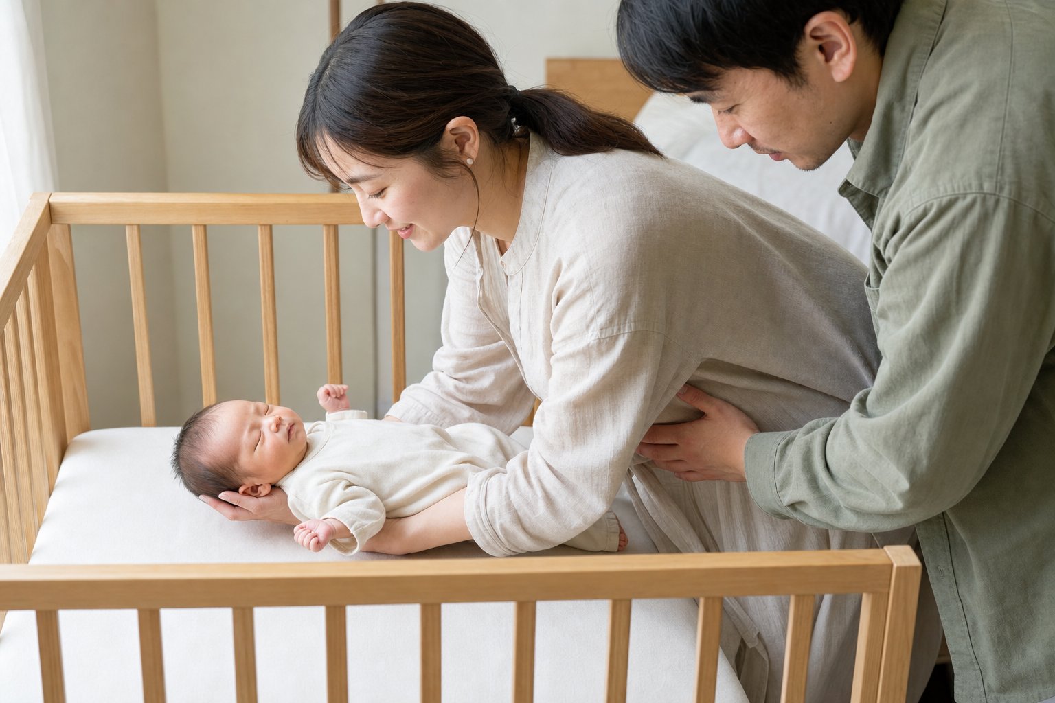 ベビーベッドに赤ちゃんを寝かせる夫婦