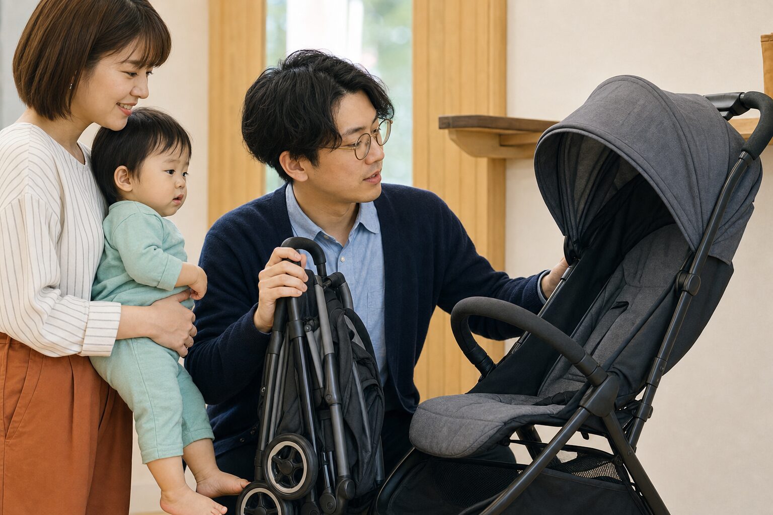 折りたたんだベビーカーと開いたベビーカーを見比べる家族