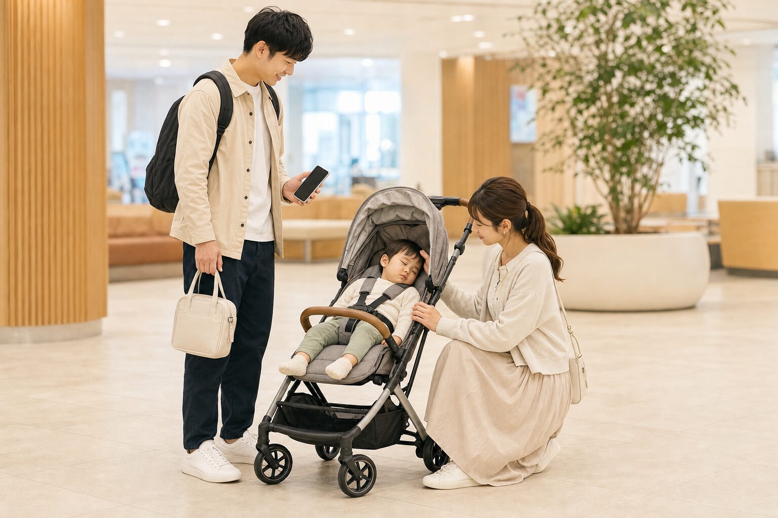 ベビーカーで眠る子どもと見守る両親