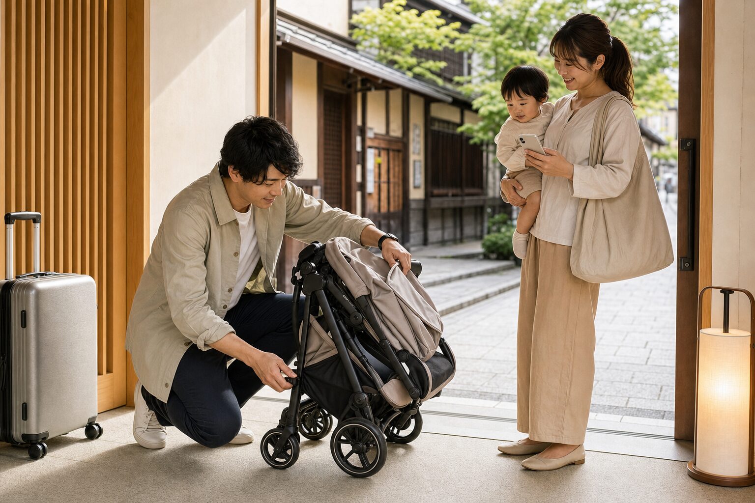 玄関でコンパクトなベビーカーをたたむ父親
