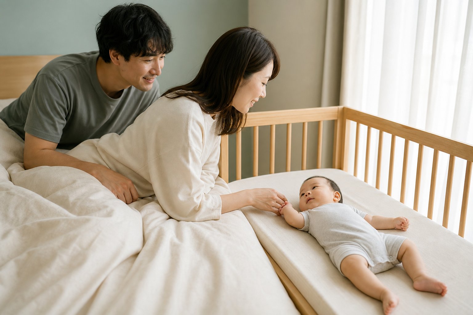 親のベッドの横に置いた添い寝タイプのベビーベッド