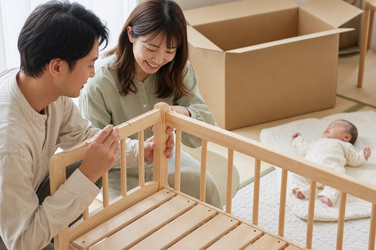 届いたベビーベッドを点検する夫婦