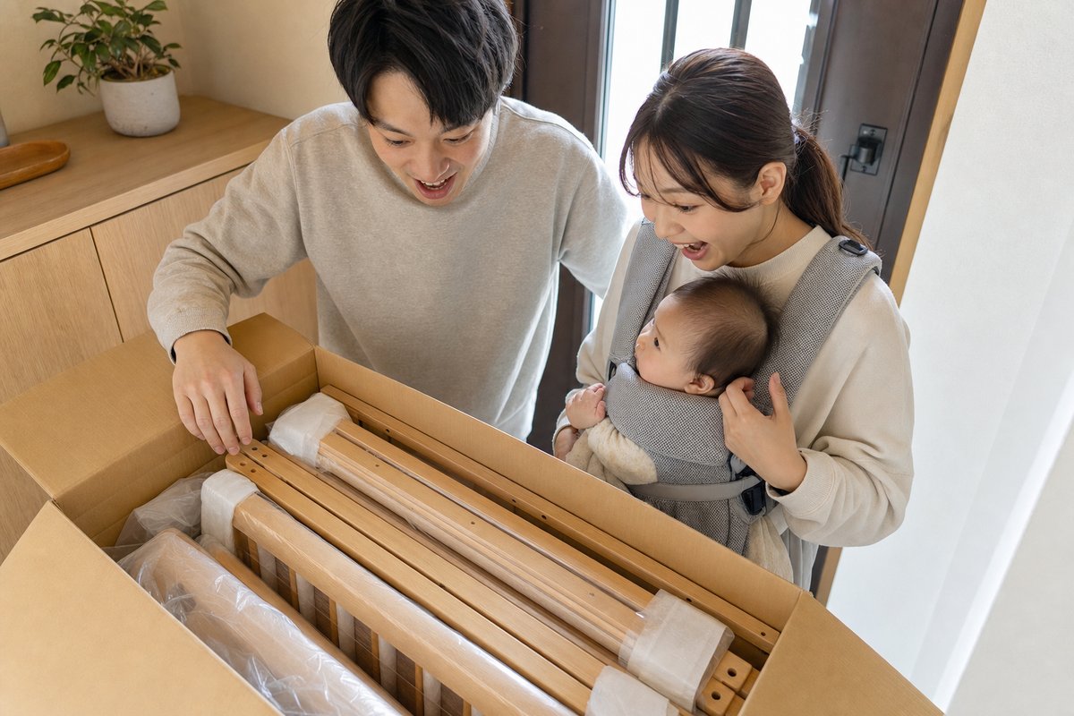 届いたレンタルのベビーベッドを開封する夫婦