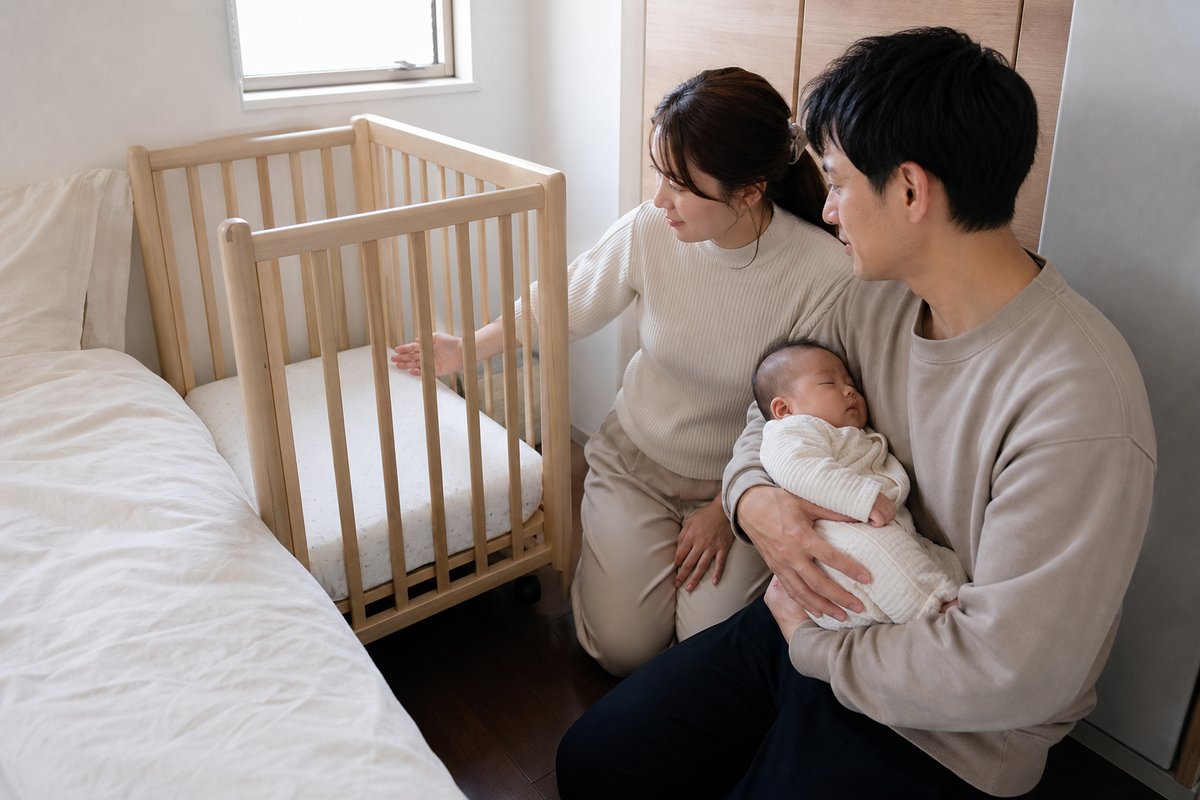 寝室へのベビーベッドの設置場所を考える夫婦