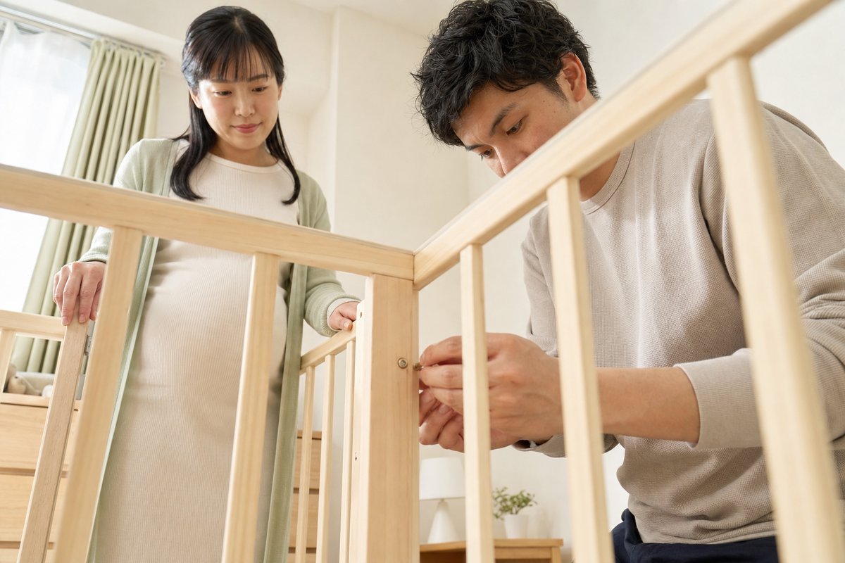 ベビーベッドを組み立てる夫婦