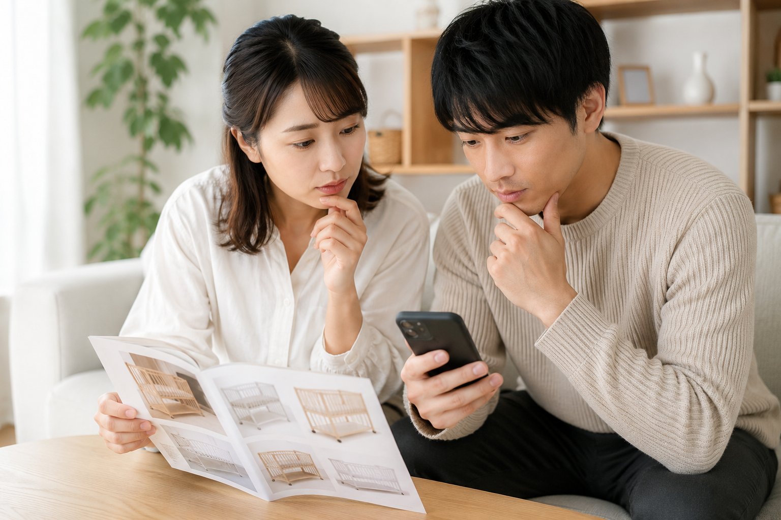 カタログでベビーベッドを選ぶ夫婦