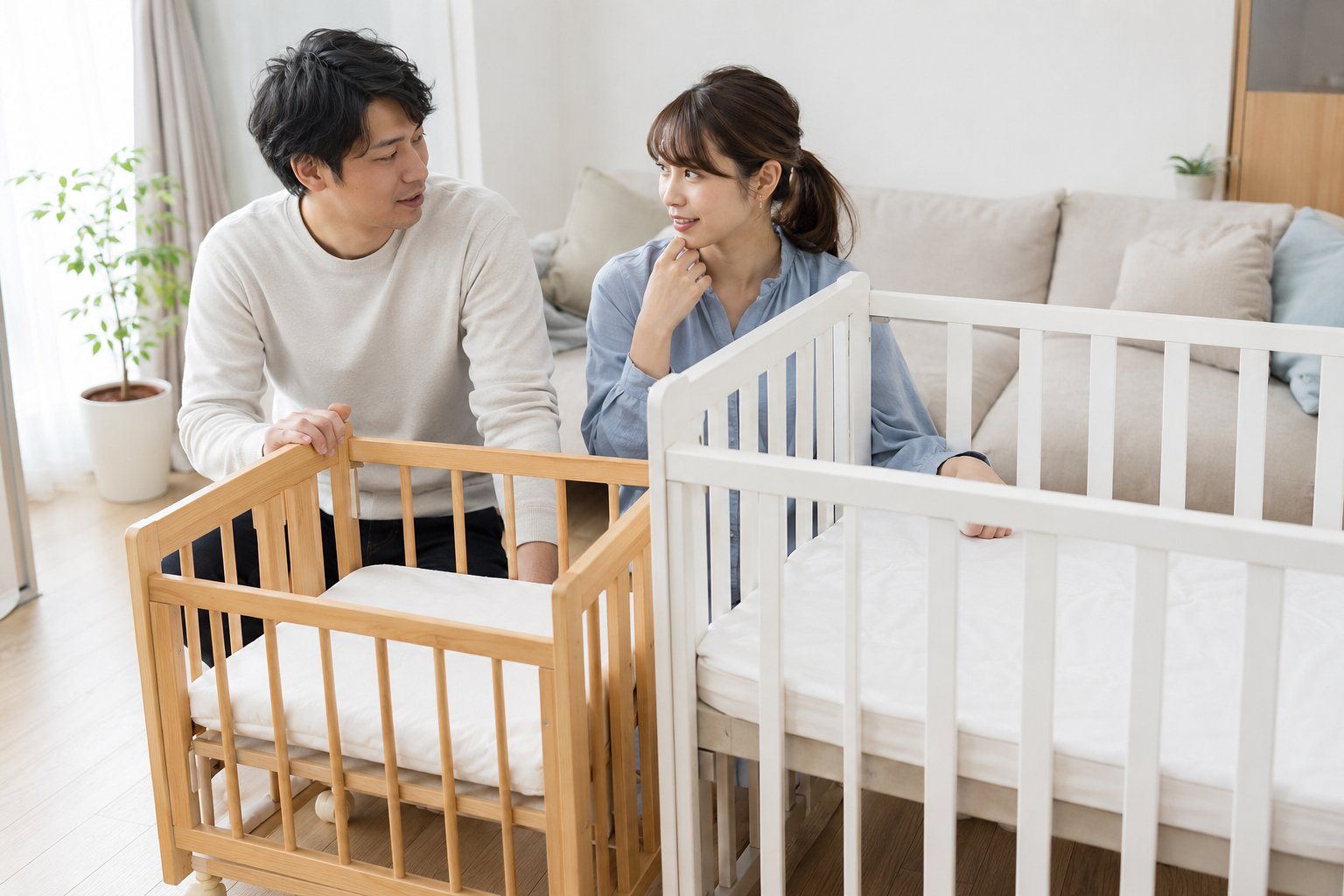 ベビーベッドのモデルを比較する夫婦