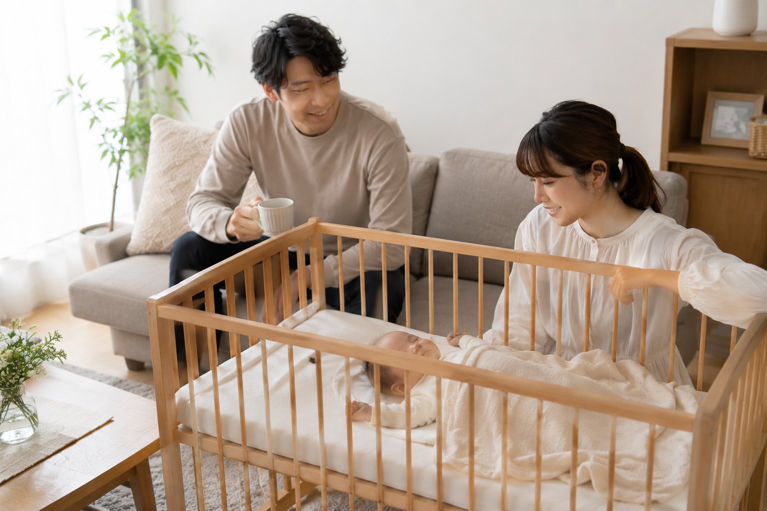 ベビーベッドのあるリビングでくつろぐ家族
