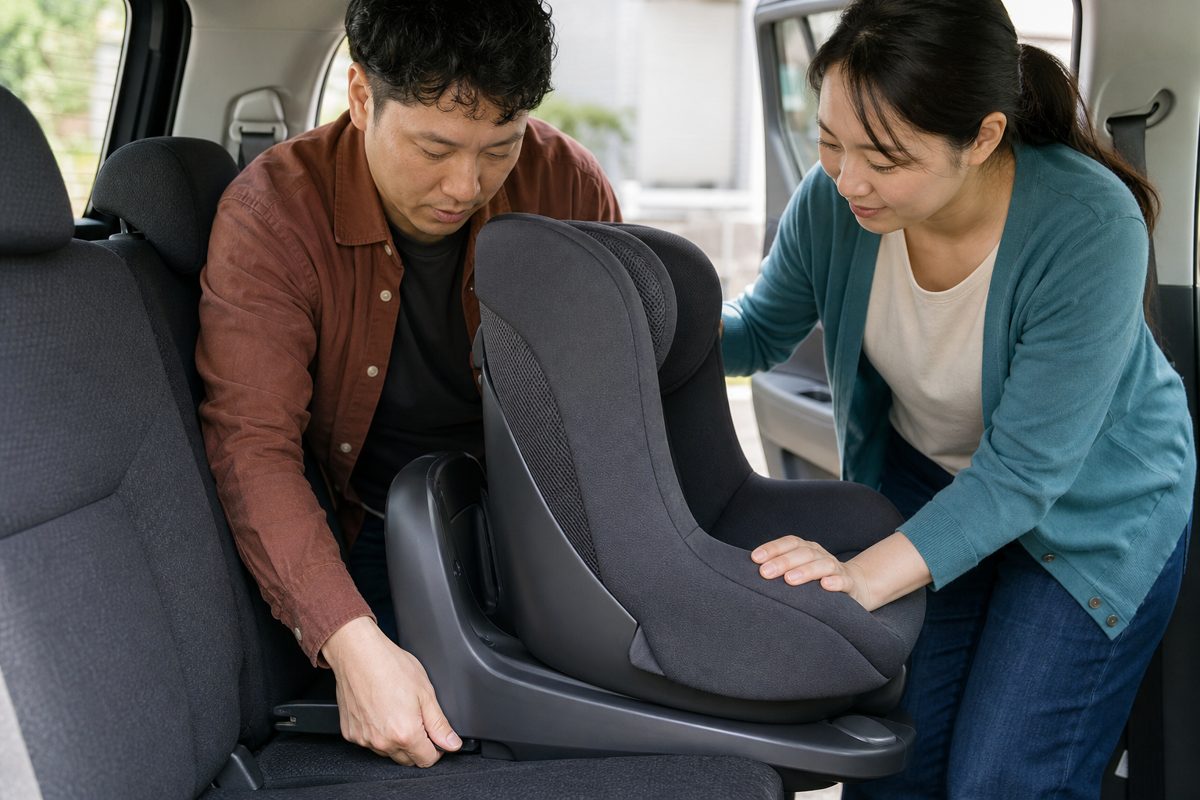 車の後部座席でチャイルドシートを取り付ける夫婦