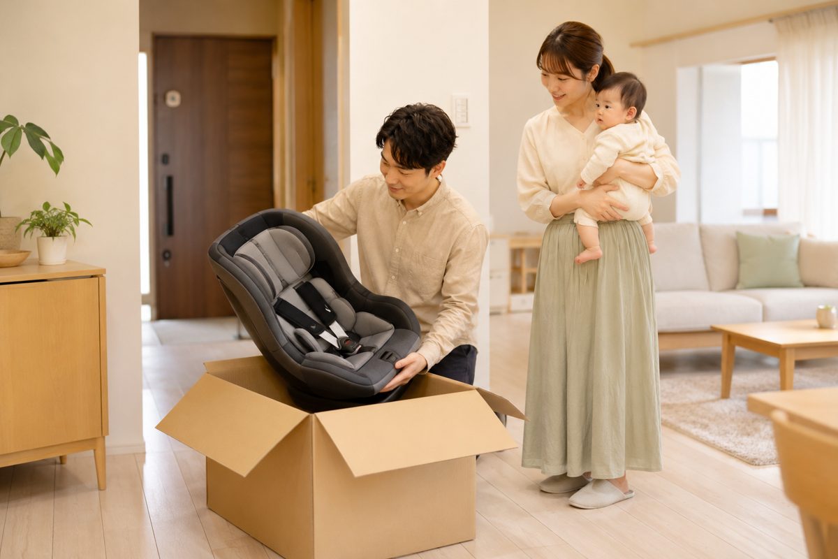 レンタルで届いたチャイルドシートを開封する家族