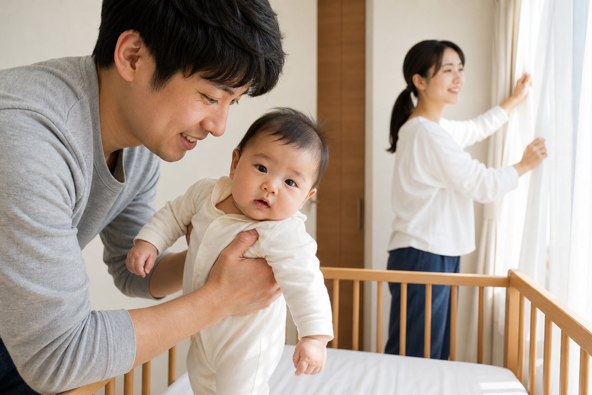 ベビーベッドから赤ちゃんを抱き上げる父親